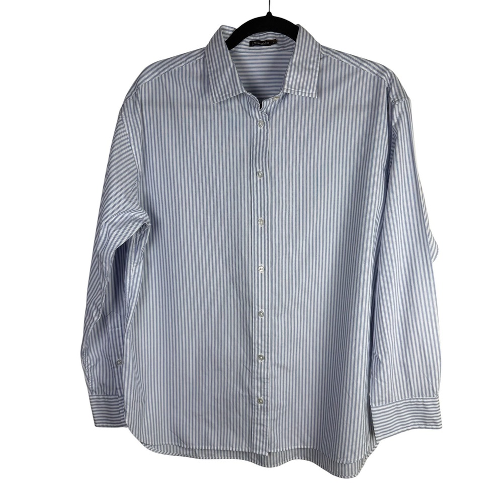J. McLaughlin Blue White Stripe Button Down Long Sleeve Top Size Large